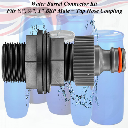Water barrel connector - connector, kit